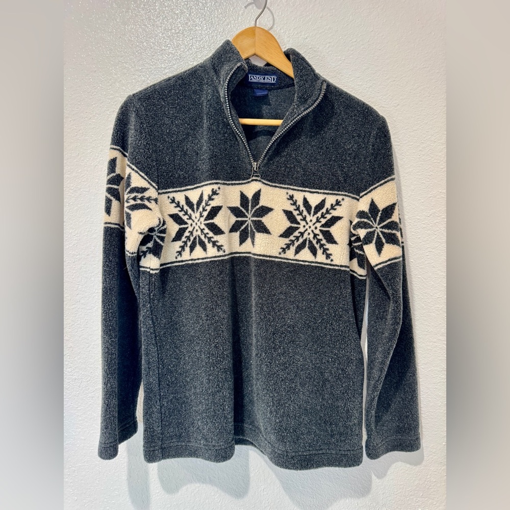Vintage Lands End Wool Blend Fair Isle Snowflake Fleece 1/4 Zip Pullover Gray S